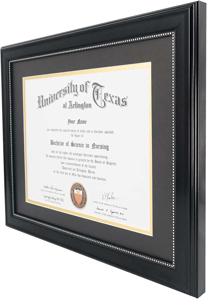 GraduationMall 8.5x11 Diploma Frame with Black over Gold Mat or Display 11x14 Document without Mat, UV Protection Acrylic, Black with Silver Beads