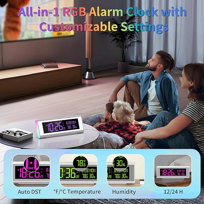 Alarm Clocks for Bedrooms, LED Desk Clock with RGB Night Light, Brightness Dimmer, Date, Week, Temperature Large Display, Modern Decor for Desk, Office, Gift for Kids, Teen, Adults (Silver)