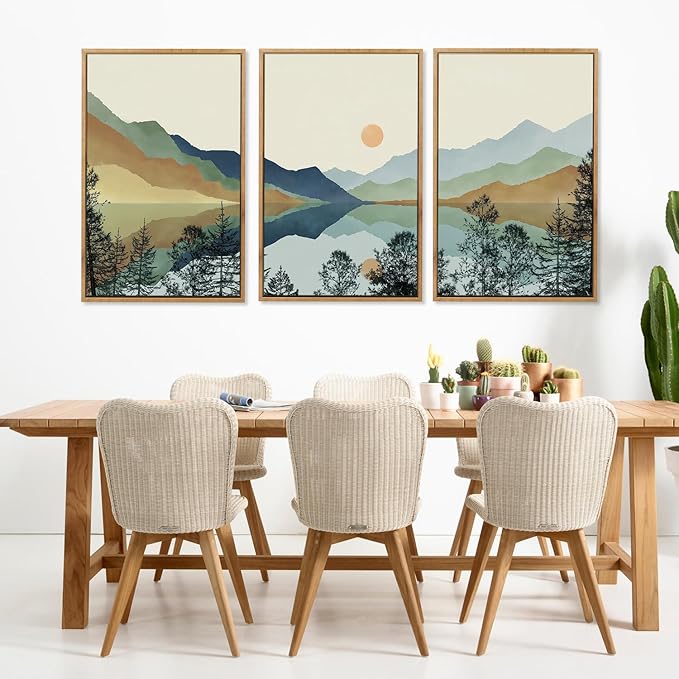 CHDITB Mountain Sun Forest Framed Art Prints(Set of 3, 24”x36”), Boho Watercolor Nature Landscape Canvas Artwork Painting, Abstract Foggy National Park Scenery Poster Decor for Living Room Bedroom