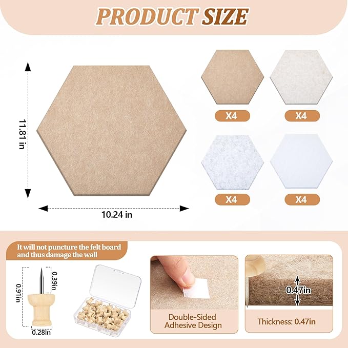 16 Pcs Hexagon Cork Board for Walls with 50 Wooden Push Pins 12x10 in Felt DIY Tiles Notice with Nano Tape Hanging Bulletin Board for Home Photo Office Memo Note(Retro)