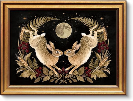 VIYYIEA Vintage Gold Framed Wall Art for Living Room, Easter Canvas Prints Home Decor, Spring Painting Picture, Bedroom Wall Decor Gifts for Friends or Family -【Moonward Hares】-(16L x 12W)