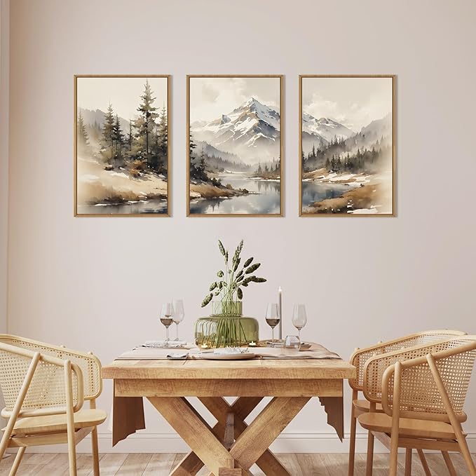 Ausril Watercolor Misty Mountain Framed Canvas Wall Art Set, Foggy Pine Tree Wall Decor, Winter Landscape Wall Painting, Nature Snowy Scene Art Print for Living Room, Bedroom, Office - 16"X24"X3