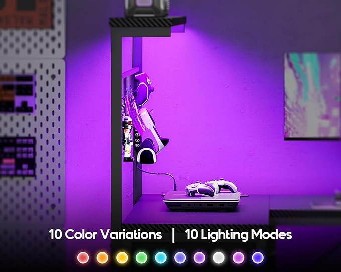 MOTPK 43” L Shaped Gaming Desk for Small Rooms, Compact Corner Computer Table with Shelf & Hutch, 4 Drawers, Reversible Study Desk with LED Light, Power Outlets & USB Ports, Black Carbon Fiber