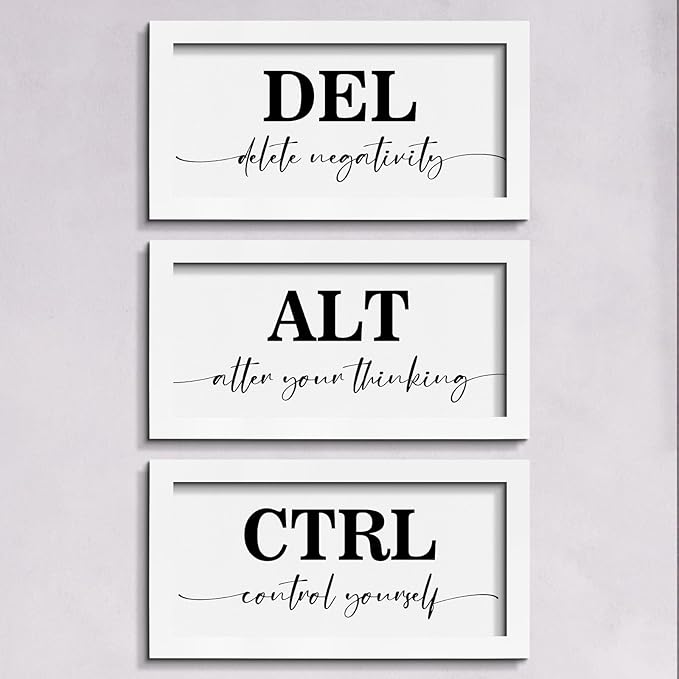 Pinetree Art Motivational Wall Art for Office Decor, CTRL ALT DEL Framed Inspirational Positive Quotes Canvas Print (white, 6"x12"x3)