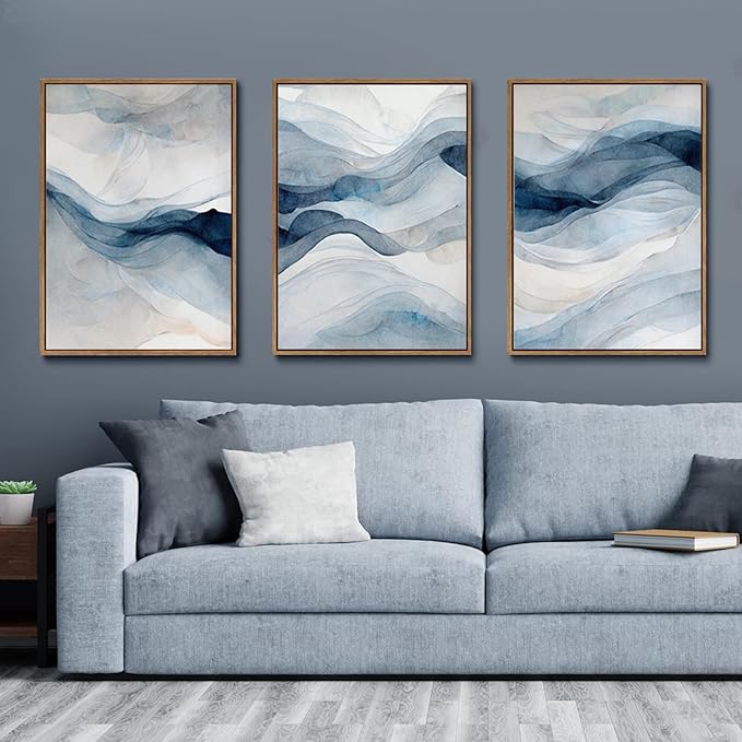 myusuar 3 Piece Large Abstract Framed Wall Art For Living Room, Smoke Texture Ink Navy Blue Canvas Wall Art Modern Minimalist Art Prints Wall Décor For Bedroom Office 24x36in