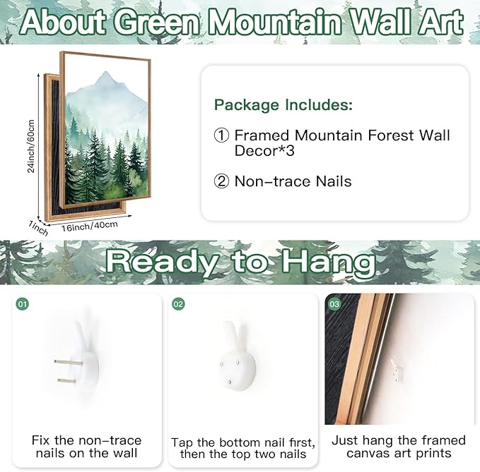 CHDITB Mountain Landscape Framed Canvas Wall Art(16"x24"), 3 Panels Boho Nature Forest Artwork Prints, Large Abstract Modern Green Pine Trees Art Decor for Bedroom Living Room Office