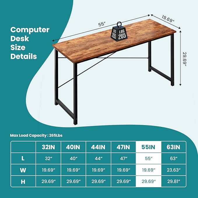 Sweetcrispy Small Computer Desk,55 Inch Office Writing Work Desk with Metal Frame Wooden Tabletop, Student Study Home Bedroom Table with X-Shaped Reinforcement, Brown