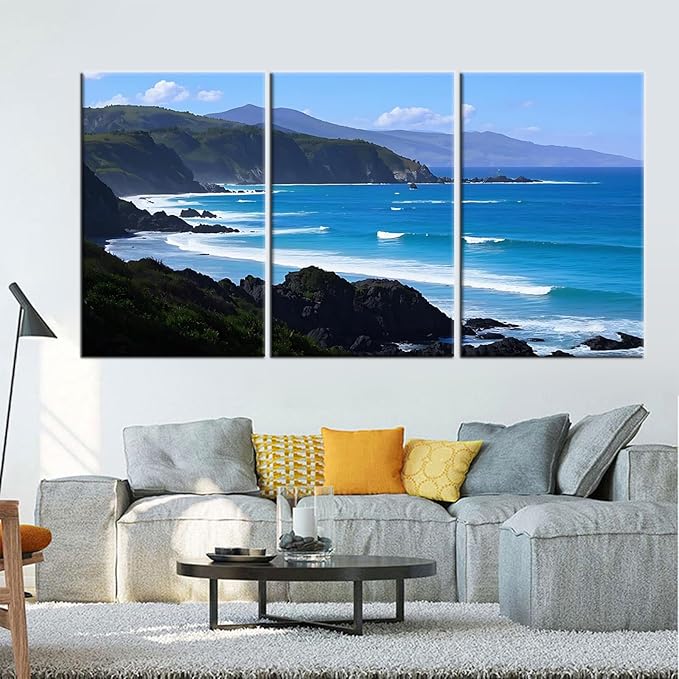 Ocean Scenery Wall Art Beautiful Coastline Landscape Canvas Poster Print Summer Natural Scenery Picture Painting for Modern Home Hotel Wall Decoration Stretched and Framed [72''Wx36''H]