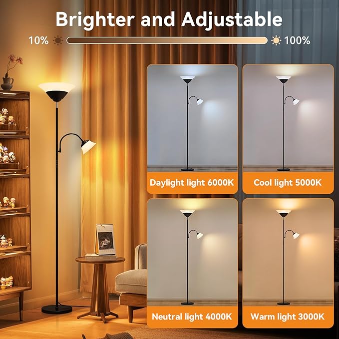 2-in-1 Torchiere Floor Lamp, 34W Super Bright LED Standing Lamp with Remote & Touch Control, 72" Dimmable Adjustable Corner Reading Lamp for Living Room, Bedroom, Office, Black