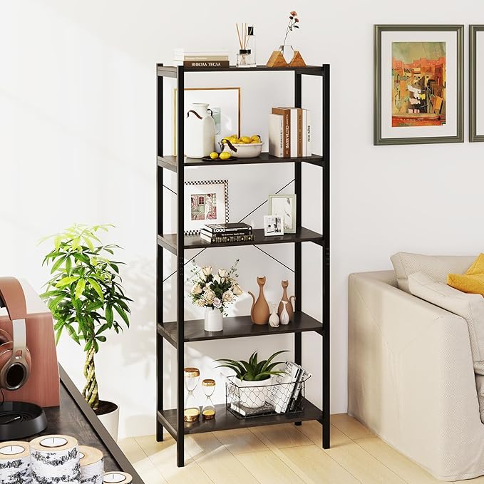 Giantex Industrial 5-Tier Wood Bookshelf - 63.5’’ Tall Open Storage Organizer Shelves with Anti-Tipping Device and Foot Pads, Steel Frame Bookcase Display Rack for Living Room, Bedroom, Office, Grey