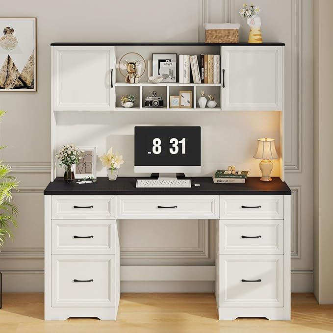 Farmhouse Executive Desk with 7 Drawers and Storage Cabinet, Rustic Large Home Writing Desk with Hutch, Workstation for Bedroom, Black