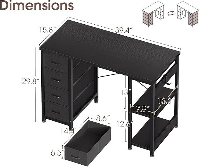 Casaottima 40 Inch Small Computer Desk with 4 Fabric Drawers, Modern PC Desk for Small Spaces, Home Office Desk with Storage Shelves, Black