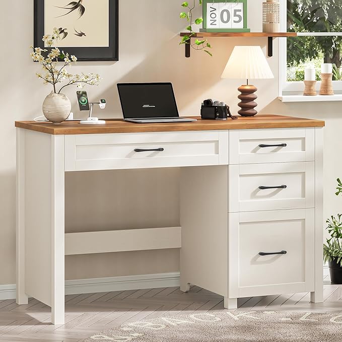 Vabches Farmhouse 47" Executive Desk, Computer Desk with File Drawer and Charging Station, Workstation for Home Office & Study.Unique White
