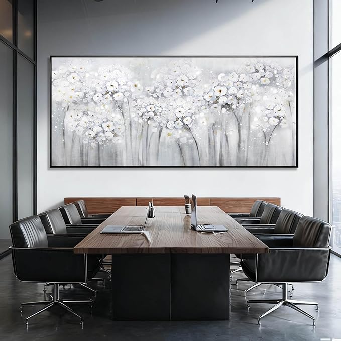 Flower Wood Wall Decor White Wall Art Textured Canvas Painting 32"x70" Decorative Pictures for Bedroom Kitchen Large Artwork