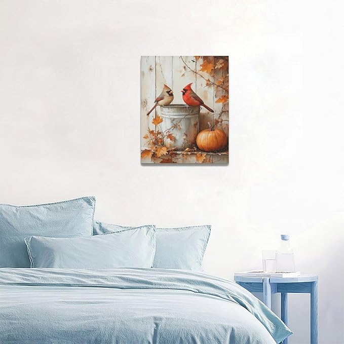 Fall Cardinal Wall Art Autumn Pumpkin Leaf Pictures Wall Decor Cardinals Canvas Painting Modern Artwork Home Decoration for Living Room Bathroom Bedroom Office Framed 16"x20"