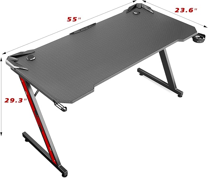 Homall Gaming Computer Desk with Carbon Fiber Surface, Gaming Table Z Shaped Pc Home Office with Cup Holder&Headphone Hook(55 in, Black)