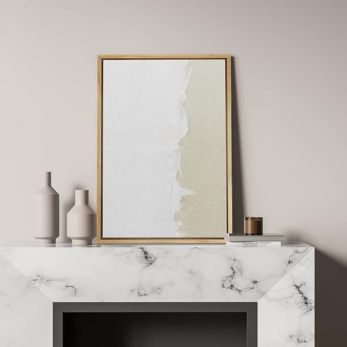 SIGNFORD Framed Canvas Print Wall Art Duotone White Tan Grunge Paint Stroke Abstract Shapes Illustrations Modern Art Decorative Boho Relax/Zen Nordic for Living Room, Bedroom, Office - 24"x36" NATURAL