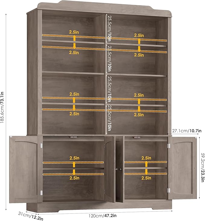 FACBOTALL 73.1" Tall Bookcase and Bookshelf, Wide Bookshelf with Doors and Adjustable Shelves, 6 Tier Large Bookshelfs with Storage, Tall Storage Cabinet for Living Room, Home Office, Wash Gray