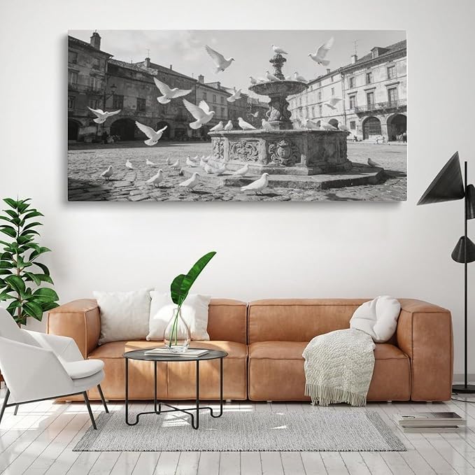 Vintage City Square Framed Canvas Wall Art for Dining Room, Black White Decor 32" L x 16" W