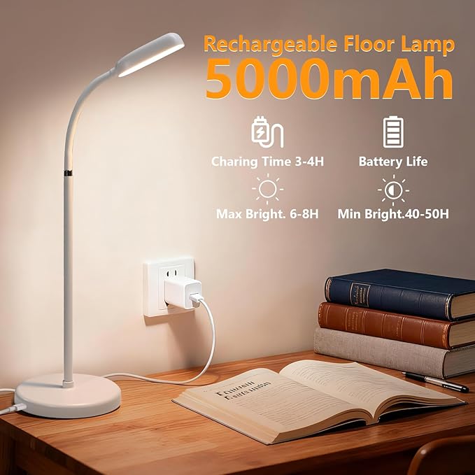 Cordless Portable Floor Lamp, Adjustable Gooseneck with Touch Switch, 3 Color Modes, Lightweight & Rechargeable for Living Room, Bedroom, Office, Reading, Camping, RV, Piano, Indoor Outdoor-White