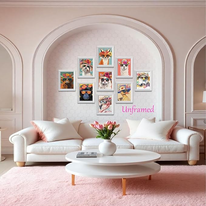 Funny Animal Nursery Wall Art Set of 9, Cute Colorful Animal Posters Painting Wall Decoration, Preppy Canvas Print Artwork for Kids Room Bedroom Playroom baby room Home Decor 8x10in Unframed
