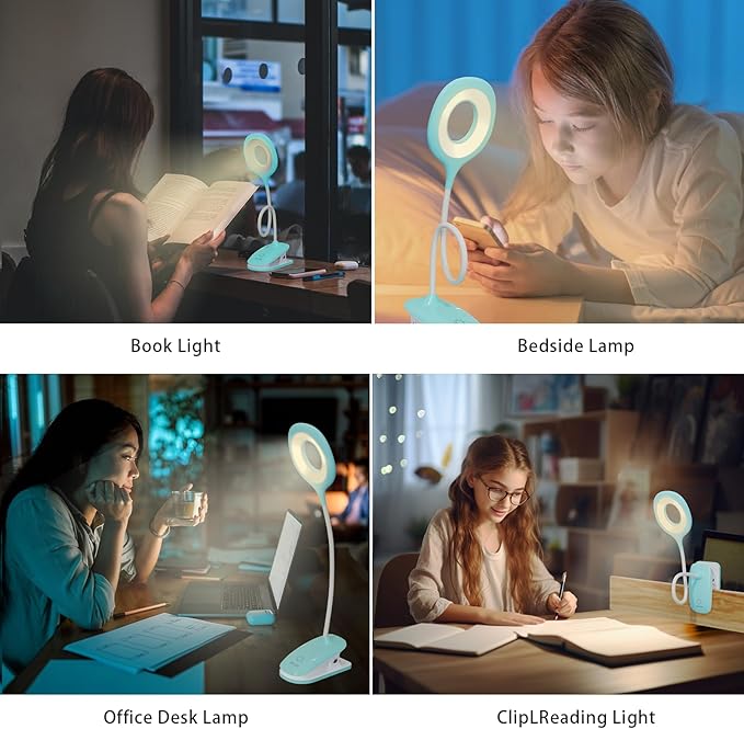 Clip On Reading Light for Bed Headboard, USB Rechargeable Desk Lamp for Dorm Room Essential, 5W, 3 Colors Touch Dimmable, Eye Protect, Green