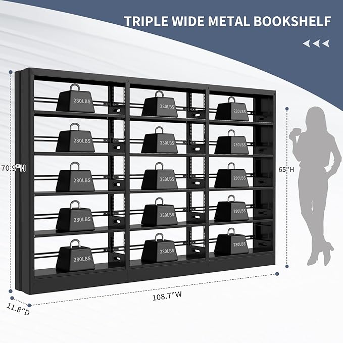 70.9" H Metal Bookshelf, Adjustable Bookcase, 5-Tier Heavy Duty Bookshelf with Bookend, Tall Bookshelves, Bookcase Shelf for Living Room, Office, Library,Classroom (Black-108.30W)