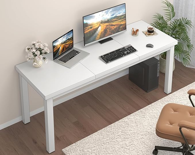 55 Inch Wooden Computer Desk with Thick Desktop - Gaming, Writing Table for Home Office, Study, Work, Student & School Use, Simple Style, White