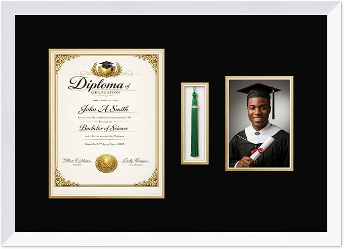 CountryArtHouse Diploma Tassel and Photo Shadowbox Fits 8.5 x 11 Certificate (Portrait) with Tassel Hook and Bright White Genuine Hardwood with Black Over Metallic Gold Double mat