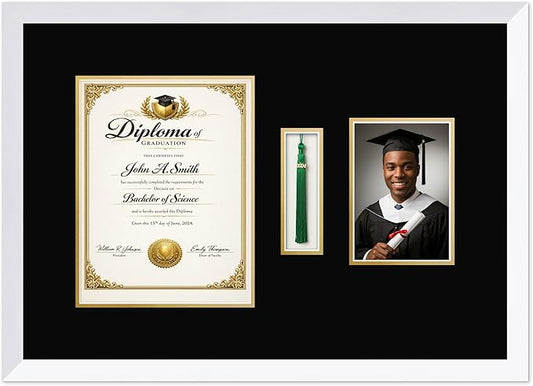 CountryArtHouse Diploma Tassel and Photo Shadowbox Fits 8.5 x 11 Certificate (Portrait) with Tassel Hook and Bright White Genuine Hardwood with Black Over Metallic Gold Double mat