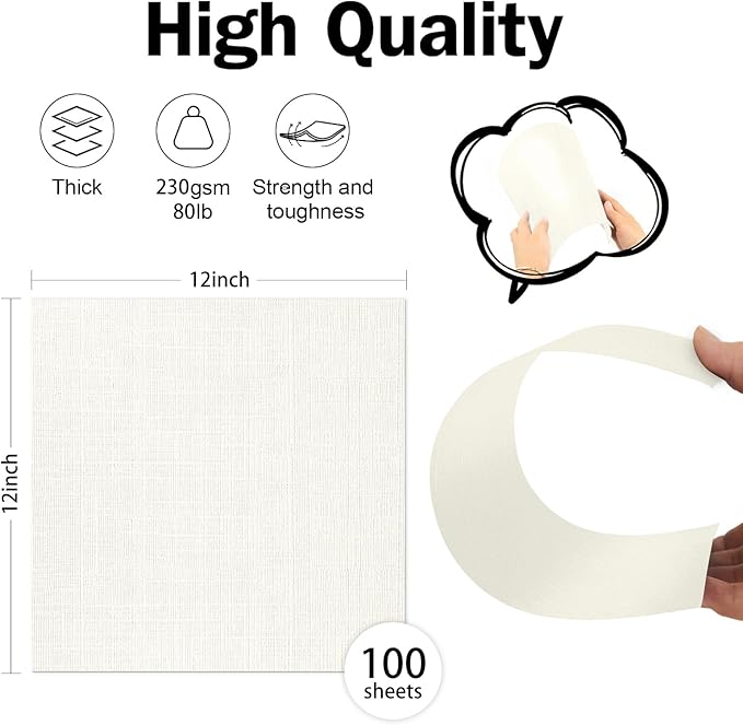 Ivory Linen Paper Textured Cardstock 12x12, Goefun 100 Pack Thick Cardstock Light Cream, 80lb Linen Paper for Printing, Invitations, Card Making, Cricut, Crafting, Scrapbook