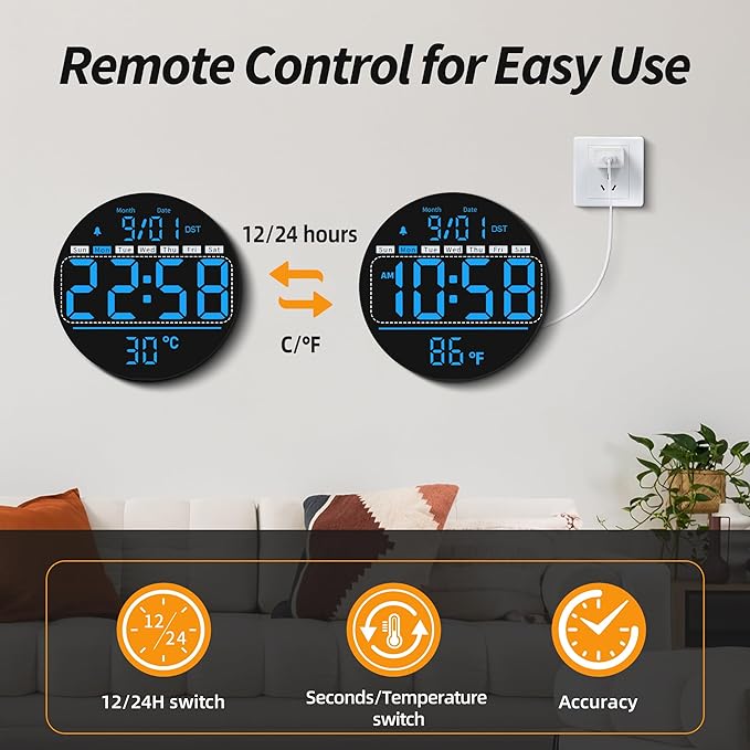 Maxstar Led Digital Wall Clock with Timer, Seconds, Temperature, Date, DST, Nightlight, Alarm Clock, 5-Level Display Brightness, Digital Clock Timer for Classroom, Bedroom, Garage, Gym,Blue