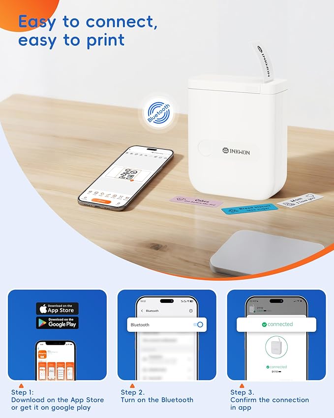 D110 Label Maker Machine with Tape, Bluetooth Mini Label Maker with Various Templates, Wireless Portable Small Label Printer for Home, Office, School, White