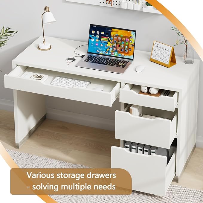 52 Inch White Desk with 4 Drawers, Computer Desk with Storage for Small Spaces with Storage File Drawer, Small Home Office Desk with Drawers for Bedroom
