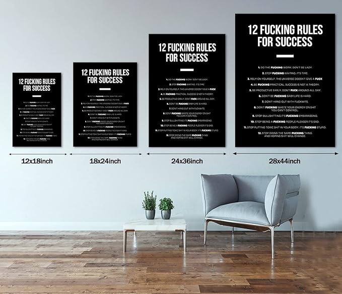 12 Fucking Rules for Success Entrepreneur Quotes Art Black and White Motivational Office Art Success Wall Art Inspirational Wall Decor Painting, Framed 24" x 36"