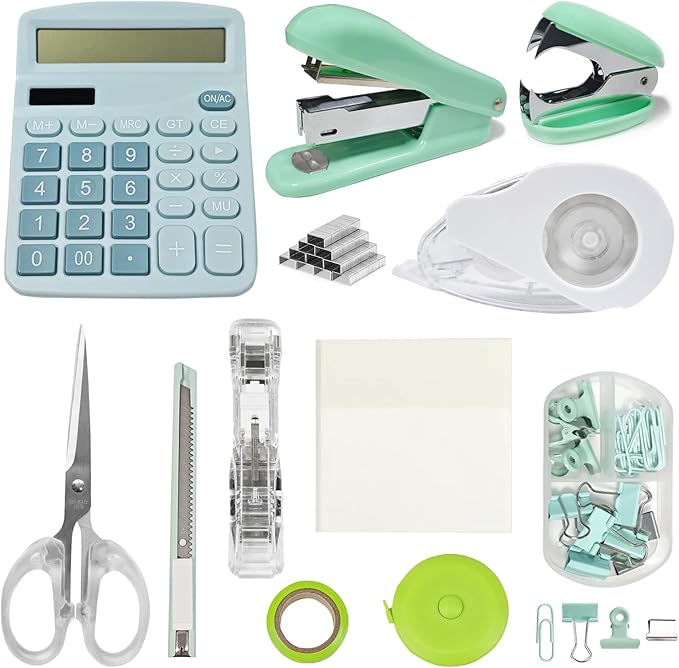 Ohmywor Office Supplies Set, Desk Accessories Includes Stapler Staples, Correction Tape, Calculator, Paper Clip, Transparent Note, Scissors, Tape Measure for Office School Clerk Student
