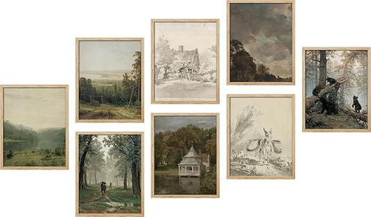 SIGNWIN Poster Wall Art Set of Vintage Landscape, Sketches Art, Rustic Framhouse Decor for Living Room, Bedroom, Office - 8"x10"x 8