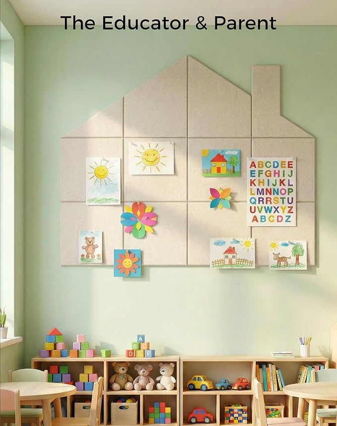 Aothia Felt Bulletin Board Tiles Large 48" x 36" Cork Board Alternative - 12-Pack with 70 Adhesive Tabs, Thick Slat Wall Panels for Office Decor, Push Pin Board Wall Organizer Alternative - Oatmeal