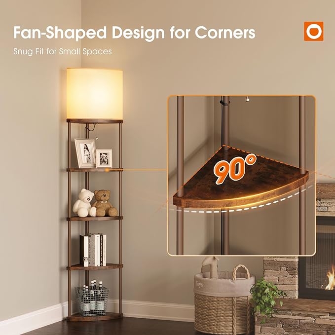 addlon Floor Lamp with Shelves, 5-Tier Adjustable Corner Lamp with 3 Color Temperatures & Linen Shade,Modern Floor Lamps for Living Room, Home Office & Bedroom (E26 LED Bulb Included, 800lm) - Brown