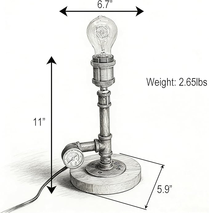 mini Steampunk Compact Copper Pipe Table Lamp with Decorative Pressure Gauge (Wood Base) QTF-BT03