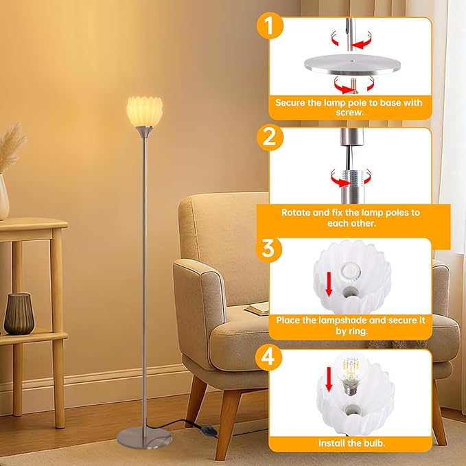 Floor Lamps for Living Room, Bedroom, Nickel Standing Lamp with 12W Bulb, Vintage Floor Lamp for Reading, Nursery, Corner (White Tulip)