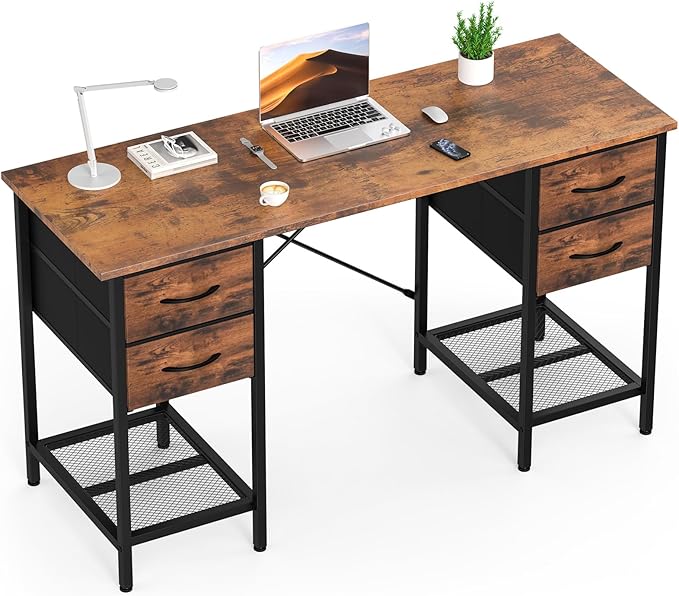 Sweetcrispy Computer Desk with Drawers, 55 Inch Home Office Bedroom Table with 4 Fabric Drawers & 2 Mesh Storage Shelves, Wood Table with X-Shaped Structure for Writing Study PC Desk, Brown