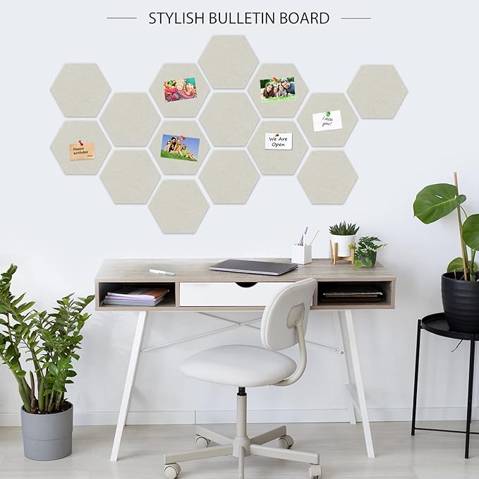 BXI Hexagon Felt Bulletin Board - 14.2 X 12.3 X 3/8 Inches 6 Pcs Self-Adhesive Poster Cork Board 30 Push Pins, Thick Pin Tiles Display Vision Board, Photo Picture Panels for Home Office Classroom
