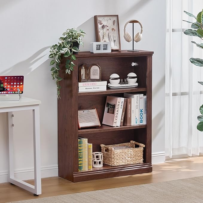 43" Walnut Tall Bookshelf,3-Tier Thick Wooden Book Shelf with Adjustable Shelves,Free Standing Farmhouse Bookcase with Open Display Storage,Floor Vintage Bookshelves for Living Room,Office