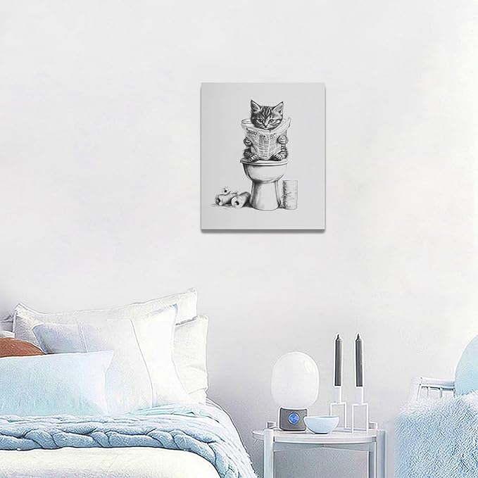 Cat Bathroom Wall Art Black and White Cat Pictures Wall Decor Funny Animal Canvas Painting Print Modern Home Decoration Artwork Framed 20"x24"