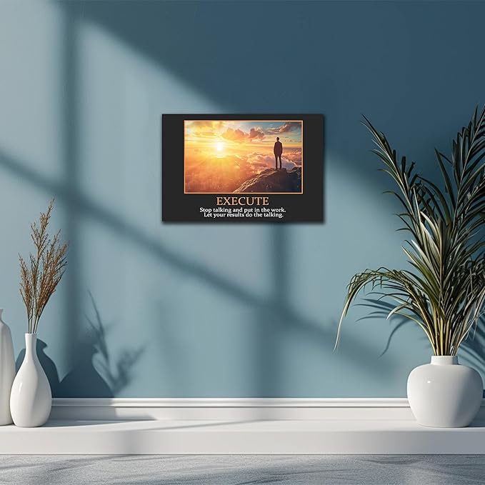 UZMKM - Inspirational Canvas Wall Art, EXECUTE Mindset Quotes Picture Prints, Success Framed Company Watching Sunrise Poster, Positive Quotes Wall Painting for Home Office Workplace 12x18 Inch