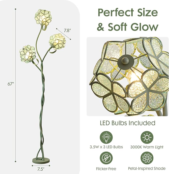 Vintage Tiffany Floral LED Floor Lamp for Living Room, Tall Green Standing Lamp with Adjustable Heads, Unique Flower Light for Bedroom, Artistic Standing Light for Girls Kids Nursery Room Decor