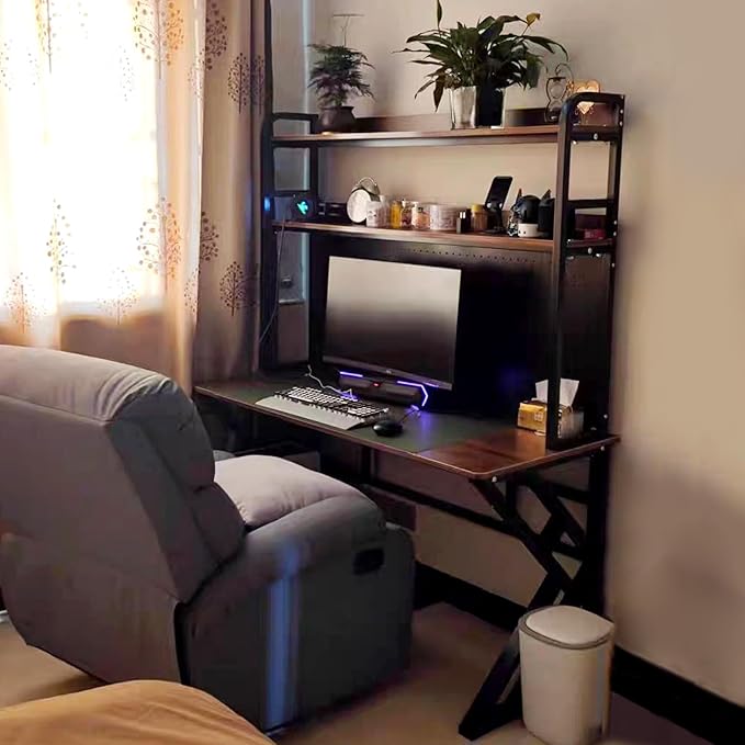 39.3in Gaming Desk with Bookshelf Combo, Computer Desk with Pegboard, Large Writing Table with Desktop Shelves, Ample Leg Room, for Home Office (Brown, 39.3in)