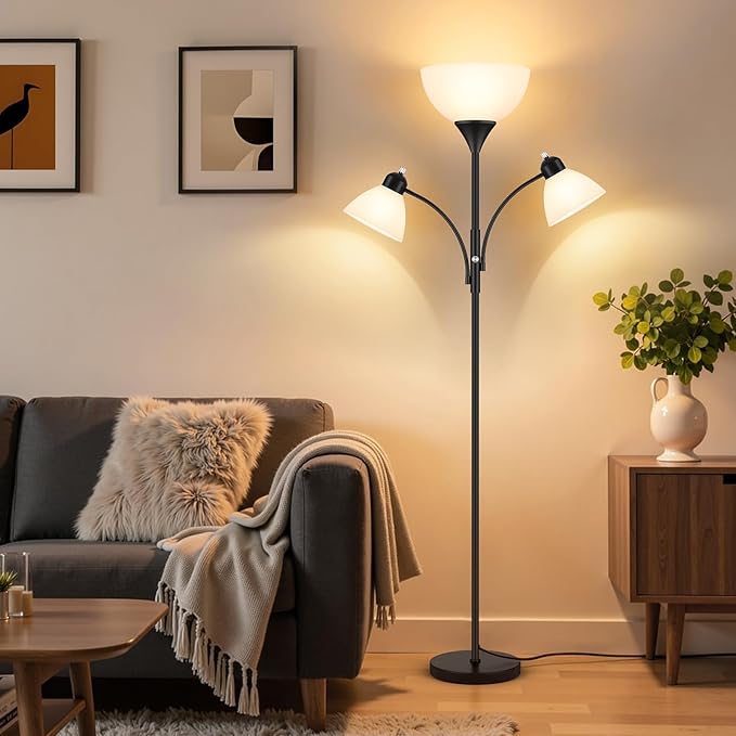 Floor Lamp for Living Room,72" Dimmable Torchiere Lamp with 2 Reading Lights for Bedroom, Black Tall Standing Room Lamp, 3 Bulbs Included