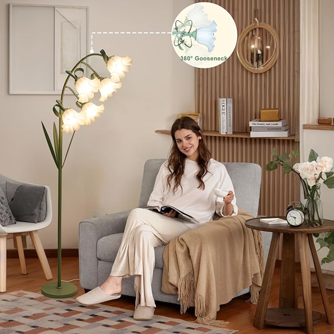 Flower Floor Lamp for Living Room, Arc Floor Lamp with 5 E26 LED Bulbs, Cute Green Floral Standing Lamp with 3 Color Modes, Foot Switch, Tall Modern Lamp for Kids Girls Bedrooms